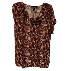 Isabella Rodriguez Womens Blouse Brown Beige Animal Print Stretch Drape Neck XL